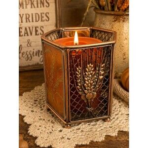 Vintage Wheat Sheaf Metal Glass Votive Candle Holder Farmhouse Decor Hexagon